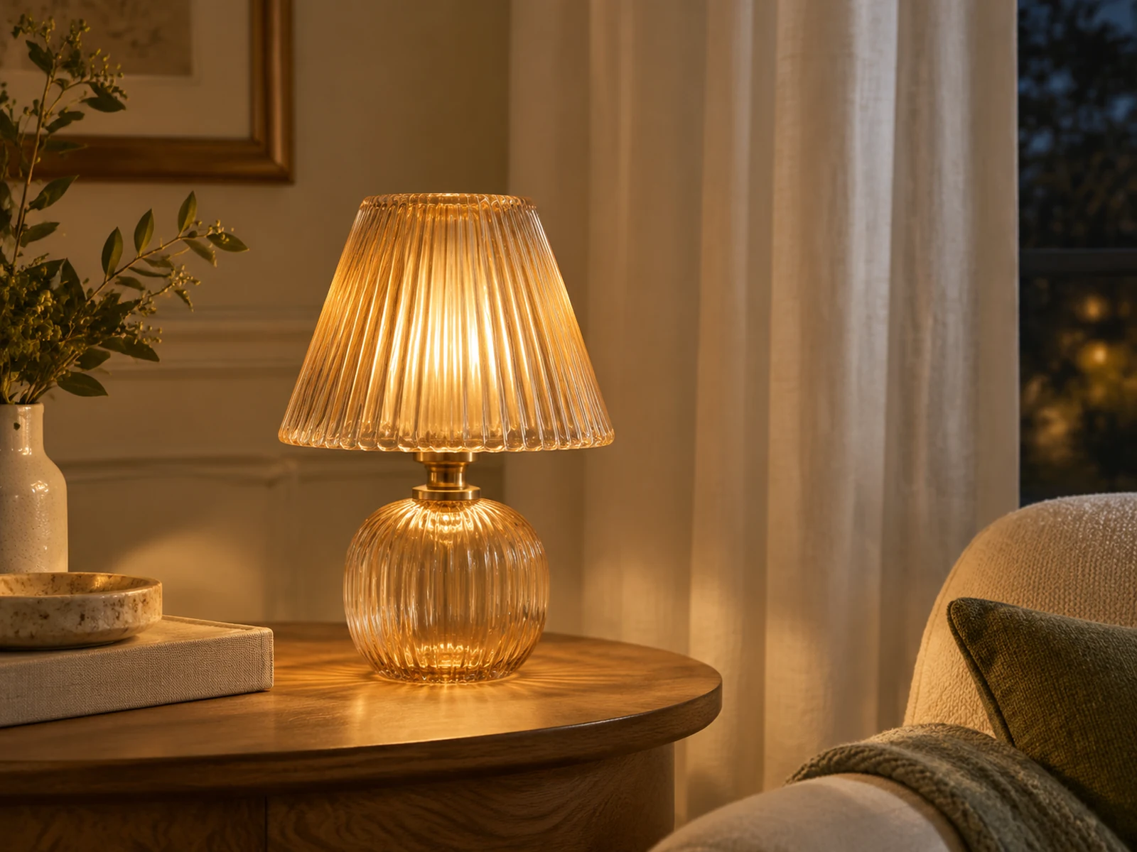 Lampada da tavolo in vetro ambrato in un tranquillo angolo serale