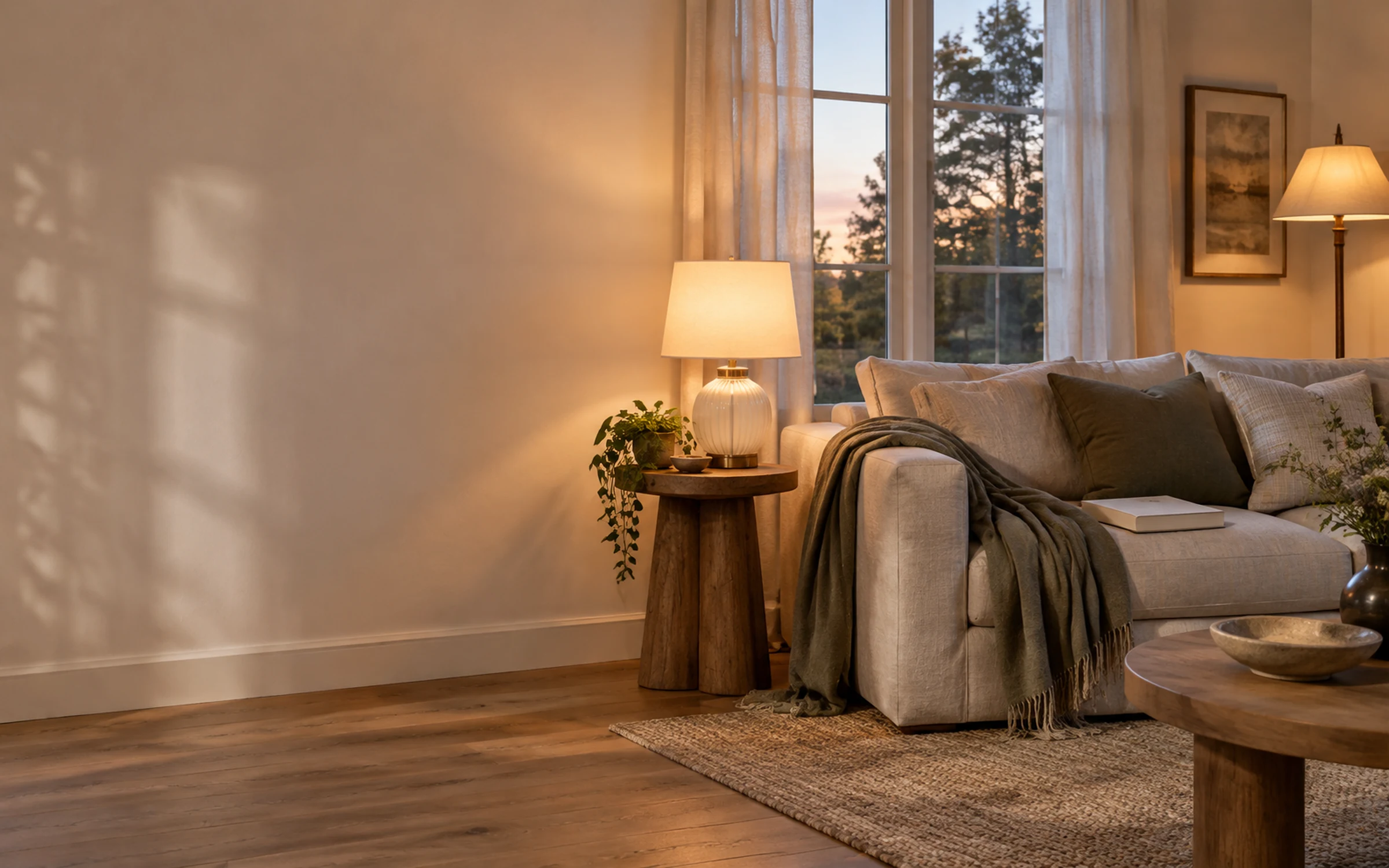Een gezellige woonkamer met avondlicht en warm verlichte lampen
