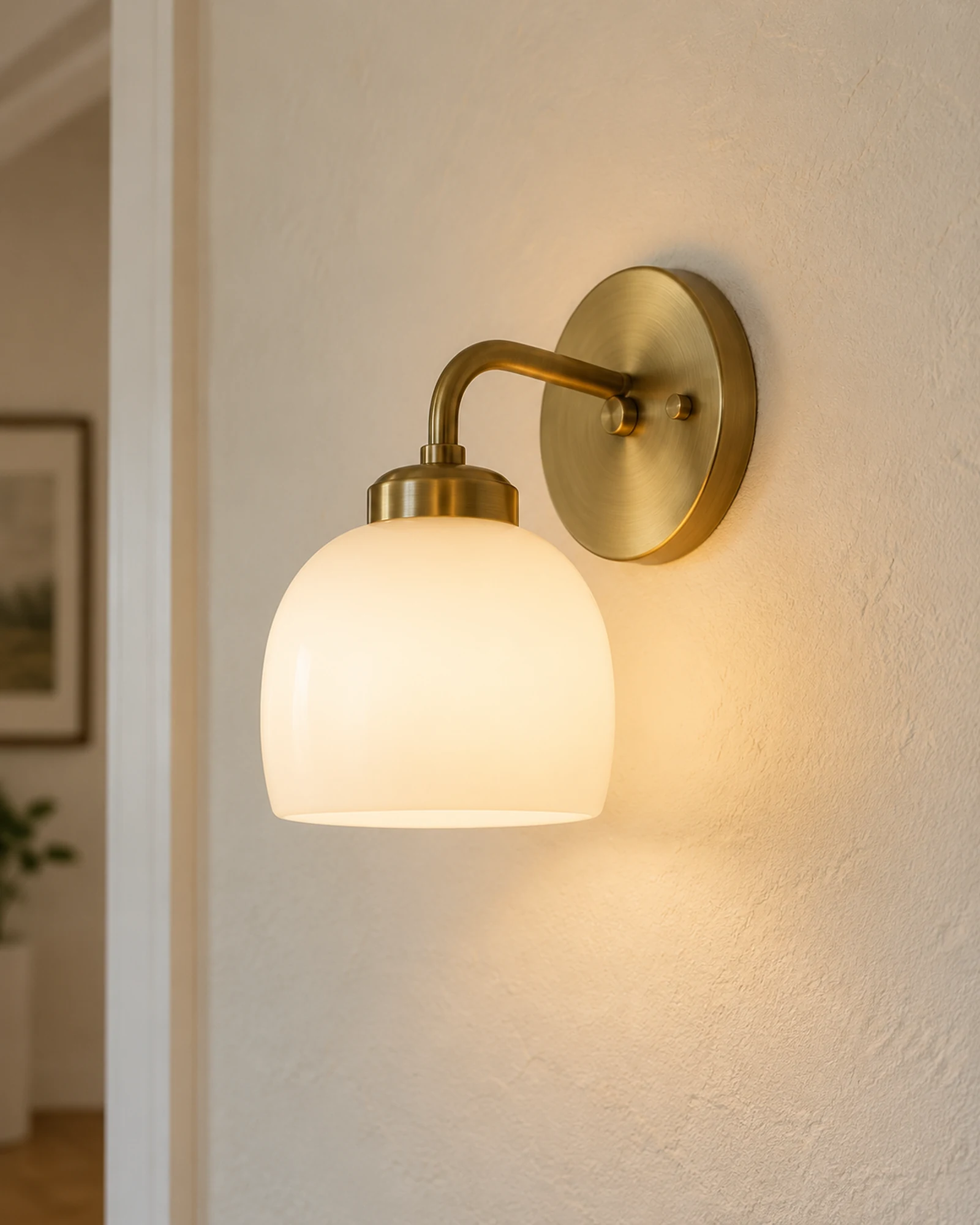 Eine Wandleuchte aus Messing und Opalglas mit einem sanften Lichtschein