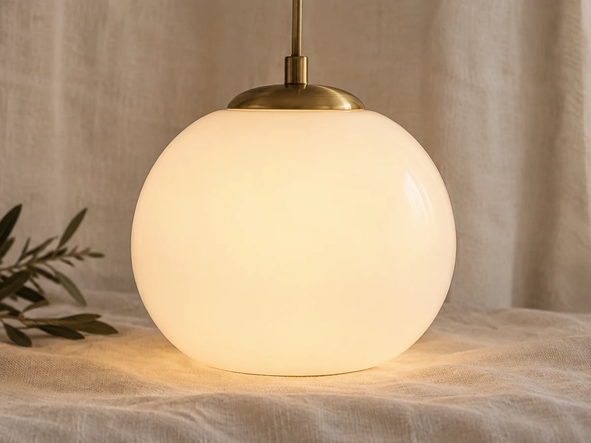 Un diffusore luminoso in vetro opalino su uno sfondo di lino morbido